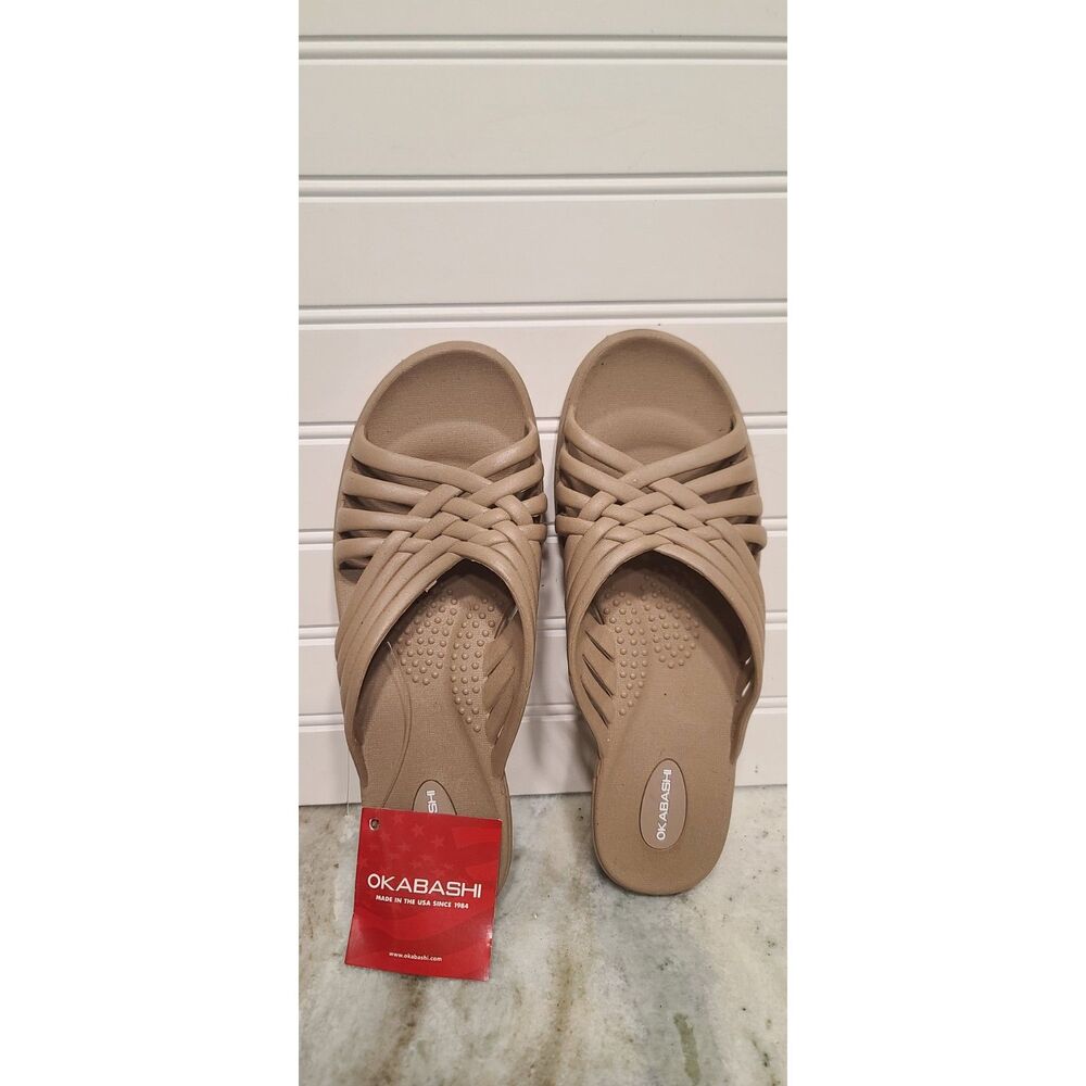 Okabashi Venice Toffee Slide Sandals W/Woven Crisscross Strap Size ML 8-9 NWT